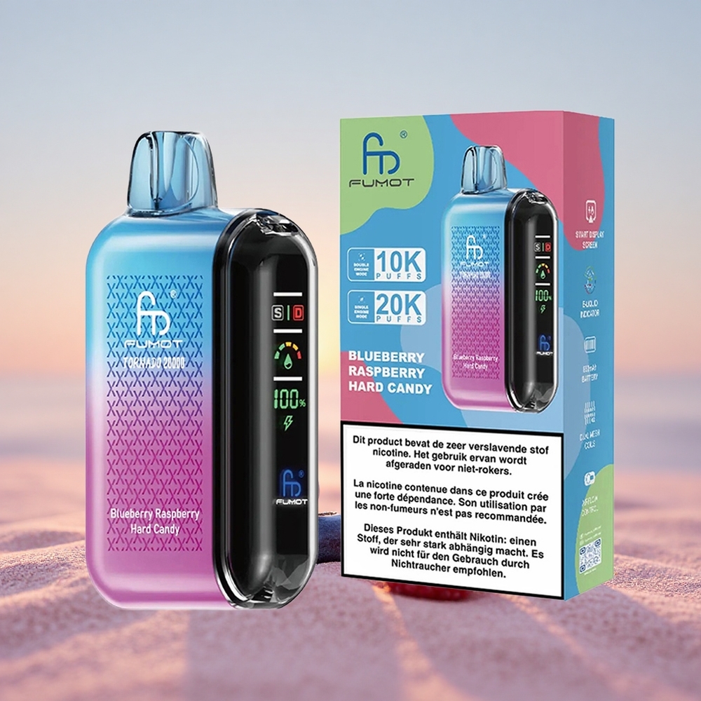 Fumot Tornado 20000 Puffs Blåbær Hindbær Hård Bolche med Dual Mesh Coil og Smart Display