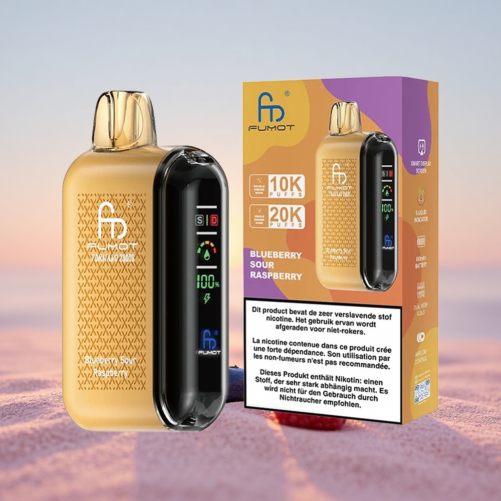 Fumot Tornado 20000 Puffs Blåbær Sur Hindbær Dual Mesh Coil Smart Display