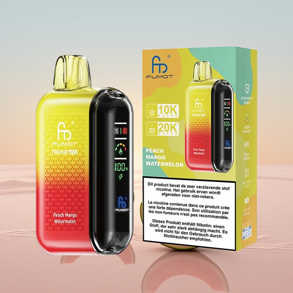 Fumot Tornado 20000 Puffs Fersken Mango Vandmelon Dual Mesh Coil Smart Display