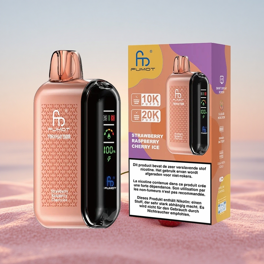 Fumot Tornado 20000 Puffs Jordbær Hindbær Kirsebær Is med Dual Mesh Coil og Smart Display