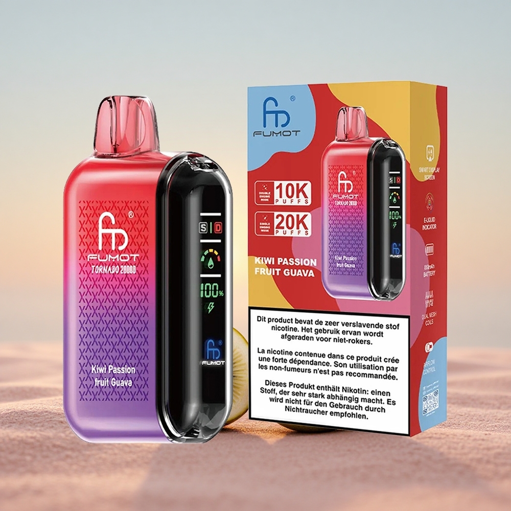 Fumot Tornado 20000 Puffs Kiwi Passionsfrugt Guava Dual Mesh Coil Smart Display