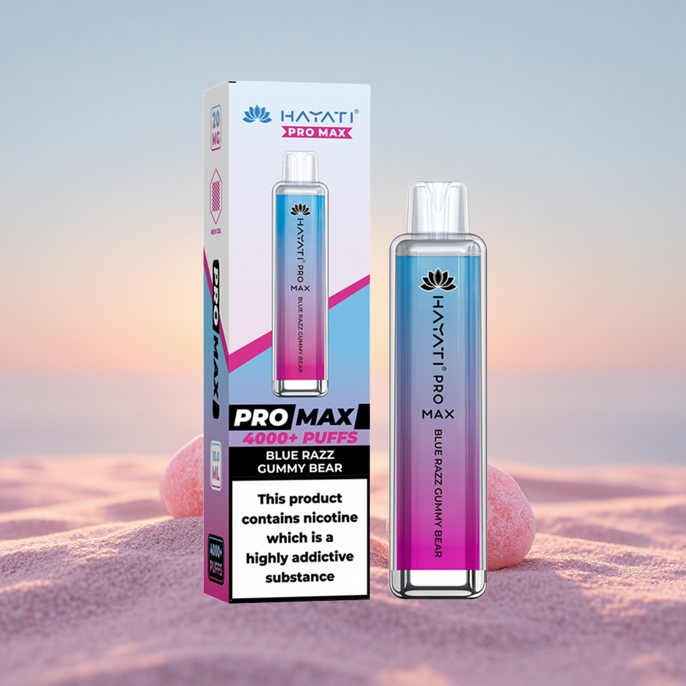 Hayati Pro Max 4000 Puffs Blå Hindbær Gummibjørn Dual Coil Rechargeable LED