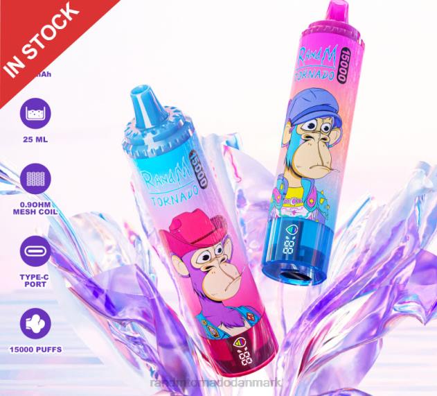 RandM disposable vape - Fumot RandM Tornado 15000 vape enhed med batteri og ejuice display version 1 jordbær vandmelon L08B29