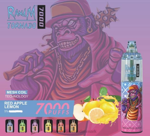 RandM disposable vape - RandM Tornado 7000 luftstrømskontrol vape enhed 1 stk rød æble citron L08B179